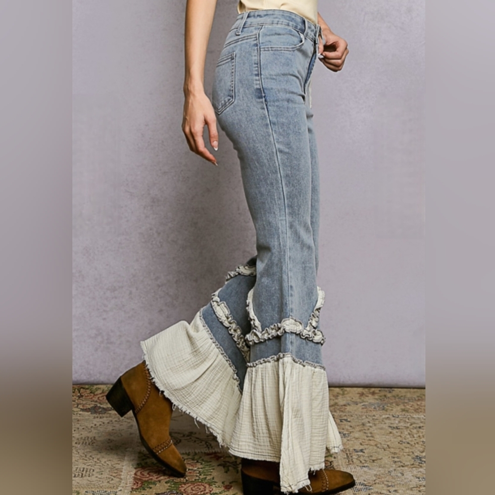 P110 NWT POL Flare Stretch Denim Twill Vintage Wash Pockets Raw Hem Sm Md Lg - Picture 5 of 15